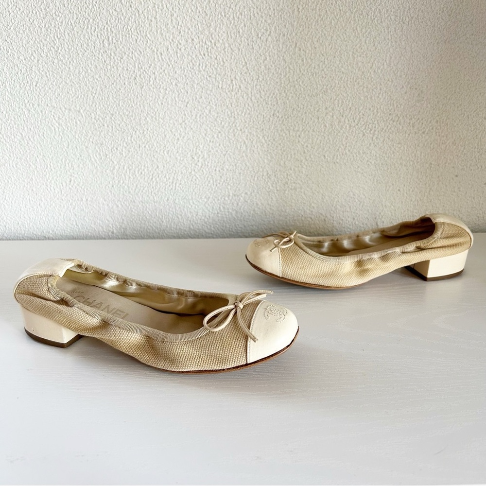 Chanel Low Block Heel Pumps Beige Fabric CC Cap Toe Bow EU 36.5C US 6.5 - Picture 4 of 14